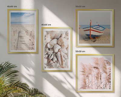 Dekorativni komplet slika za zid Plaža, brod, školjke, trava, boho
