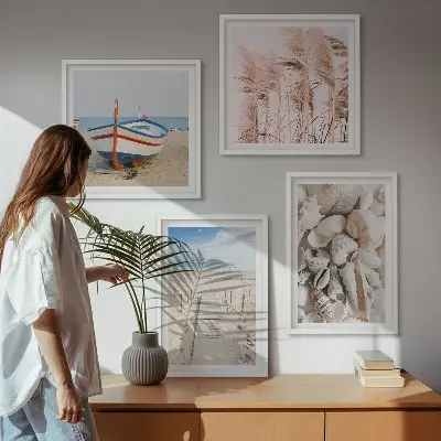 Dekorativni komplet zidnih slika motiv plaže s brodom, školjkama i travom u boho stilu