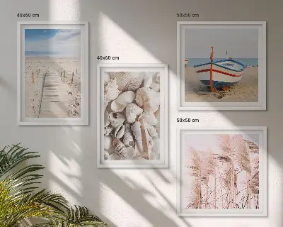 Dekorativni komplet zidnih slika motiv plaže s brodom, školjkama i travom u boho stilu