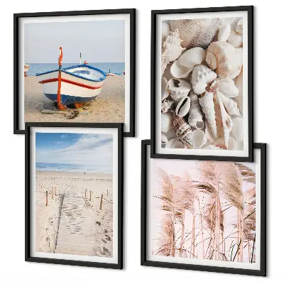 Dekorativni komplet zidnih slika motiv plaže s brodom, školjkama i travom u boho stilu