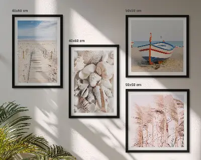 Dekorativni komplet zidnih slika motiv plaže s brodom, školjkama i travom u boho stilu
