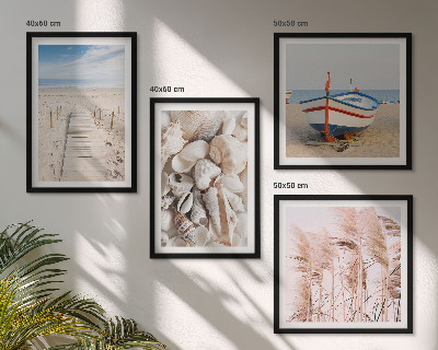 Dekorativni komplet slika za zid Plaža, brod, školjke, trava, boho