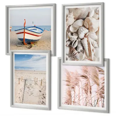 Dekorativni komplet zidnih slika motiv plaže s brodom, školjkama i travom u boho stilu