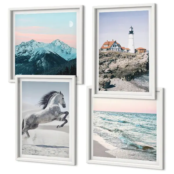 Set od 4 slike u okviru s motivima konja, kretanja, plaže, svjetionika i planina