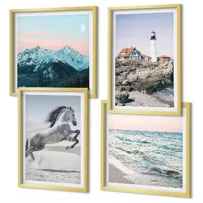 Set od 4 slike u okviru s motivima konja, kretanja, plaže, svjetionika i planina