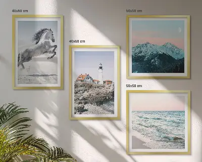 Set od 4 slike u okviru s motivima konja, kretanja, plaže, svjetionika i planina