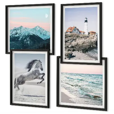 Set od 4 slike u okviru s motivima konja, kretanja, plaže, svjetionika i planina
