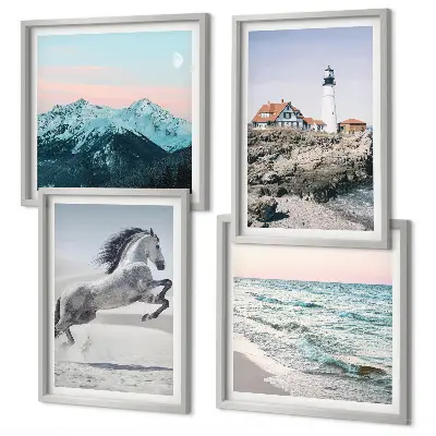 Set od 4 slike u okviru s motivima konja, kretanja, plaže, svjetionika i planina