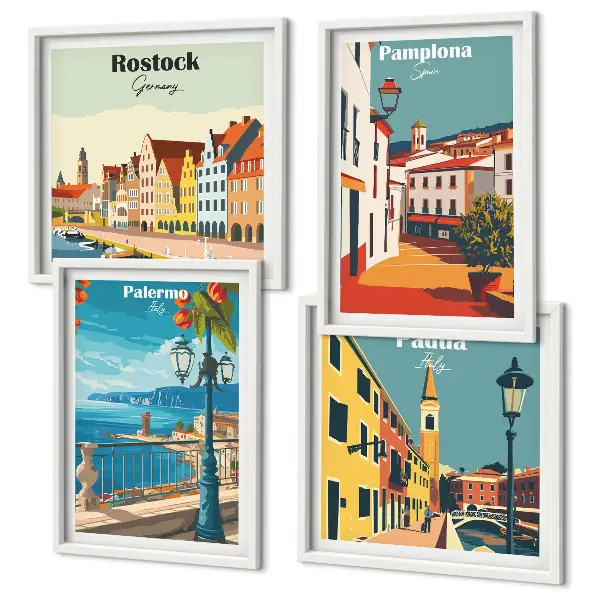 Retro gradske ilustracije set od 4 slike u okviru