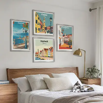 Retro gradske ilustracije set od 4 slike u okviru