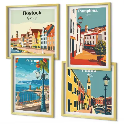 Retro gradske ilustracije set od 4 slike u okviru