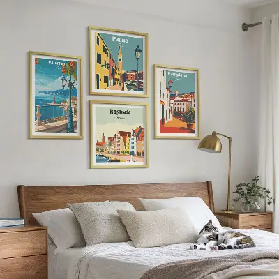 Retro gradske ilustracije set od 4 slike u okviru