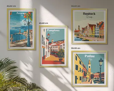 Retro gradske ilustracije set od 4 slike u okviru