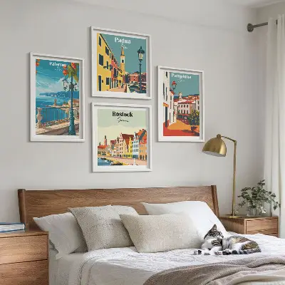 Retro gradske ilustracije set od 4 slike u okviru