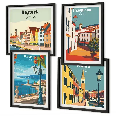 Retro gradske ilustracije set od 4 slike u okviru