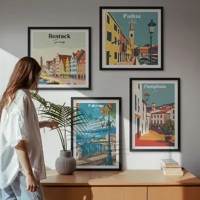 Retro gradske ilustracije set od 4 slike u okviru