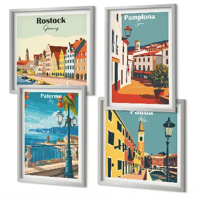 Retro gradske ilustracije set od 4 slike u okviru