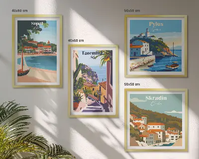 Ilustracije primorskog grada set od 4 slike u okviru