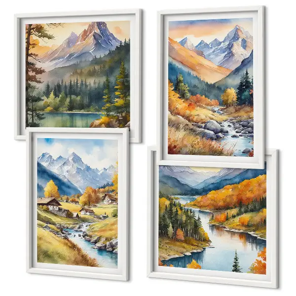 Set od 4 slike u okviru planinski krajolik s rijekom i vikendicama