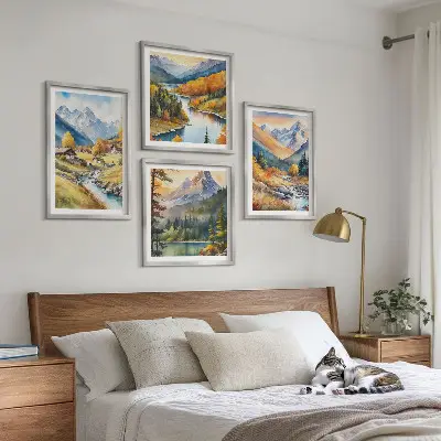 Set od 4 slike u okviru planinski krajolik s rijekom i vikendicama