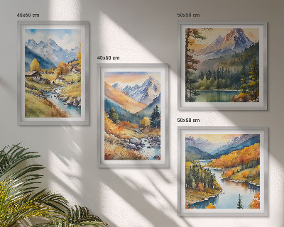 Set 4 slike u okviru Planinski krajolik, rijeka, vikendice