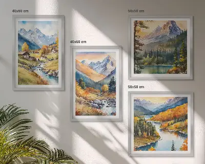 Set od 4 slike u okviru planinski krajolik s rijekom i vikendicama