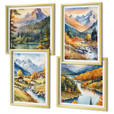 Set od 4 slike u okviru planinski krajolik s rijekom i vikendicama