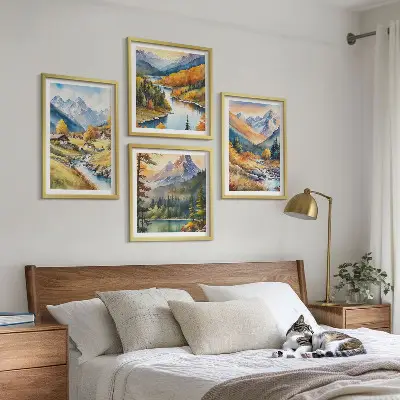 Set od 4 slike u okviru planinski krajolik s rijekom i vikendicama