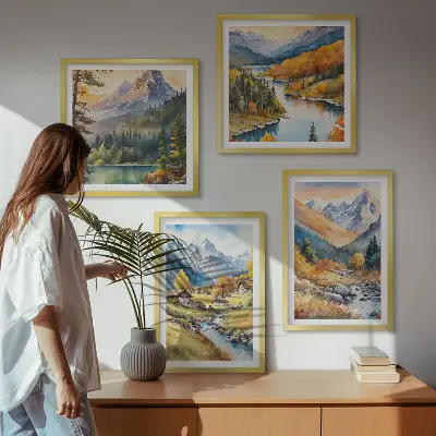 Set od 4 slike u okviru planinski krajolik s rijekom i vikendicama