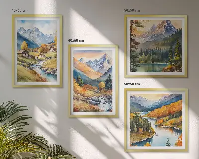 Set od 4 slike u okviru planinski krajolik s rijekom i vikendicama