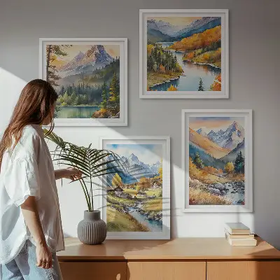 Set od 4 slike u okviru planinski krajolik s rijekom i vikendicama