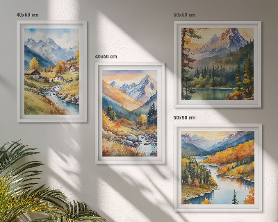 Set 4 slike u okviru Planinski krajolik, rijeka, vikendice