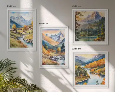Set od 4 slike u okviru planinski krajolik s rijekom i vikendicama