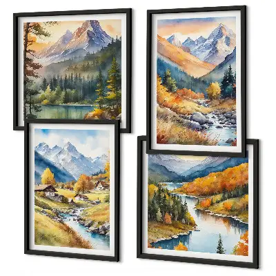Set od 4 slike u okviru planinski krajolik s rijekom i vikendicama