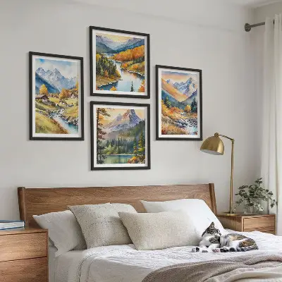 Set od 4 slike u okviru planinski krajolik s rijekom i vikendicama
