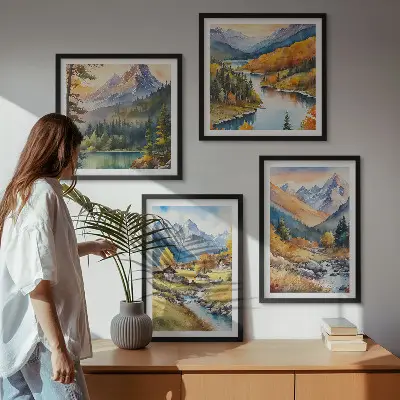 Set od 4 slike u okviru planinski krajolik s rijekom i vikendicama