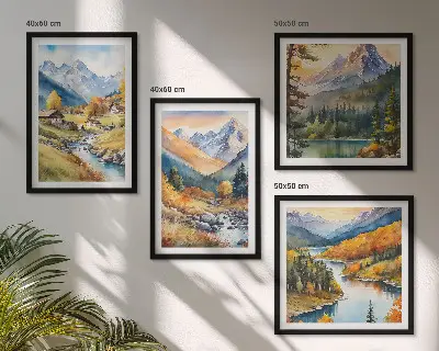 Set od 4 slike u okviru planinski krajolik s rijekom i vikendicama
