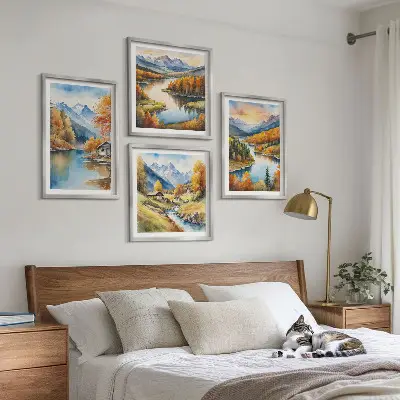 Jesenska planinska kućica na rijeci set od 4 slike u okviru