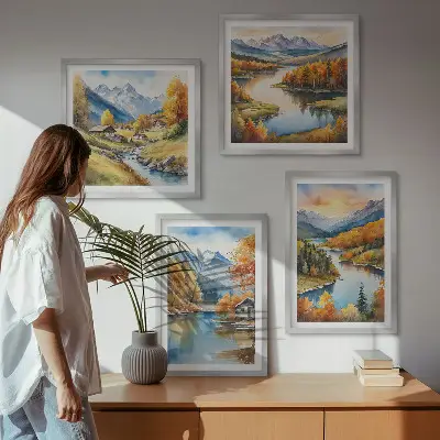 Jesenska planinska kućica na rijeci set od 4 slike u okviru