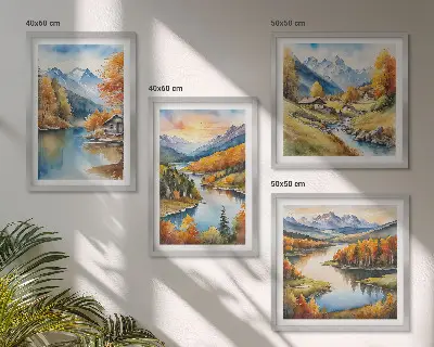 Jesenska planinska kućica na rijeci set od 4 slike u okviru