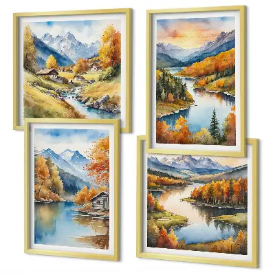 Jesenska planinska kućica na rijeci set od 4 slike u okviru
