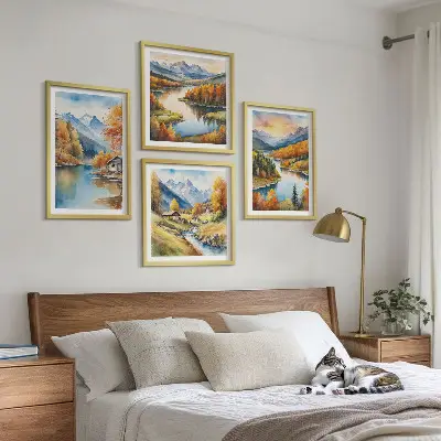 Jesenska planinska kućica na rijeci set od 4 slike u okviru