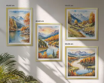 Jesenska planinska kućica na rijeci set od 4 slike u okviru