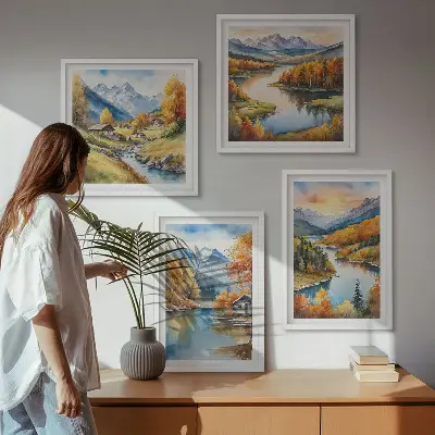 Jesenska planinska kućica na rijeci set od 4 slike u okviru