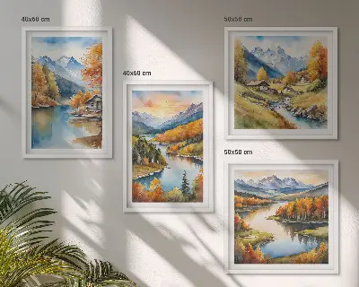 Jesenska planinska kućica na rijeci set od 4 slike u okviru