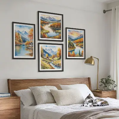 Jesenska planinska kućica na rijeci set od 4 slike u okviru