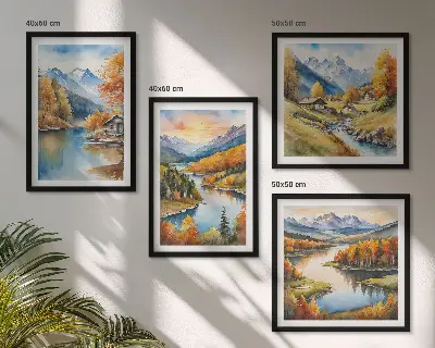 Jesenska planinska kućica na rijeci set od 4 slike u okviru