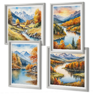 Set 4 slike u okviru Jesenska planinska kućica na rijeci