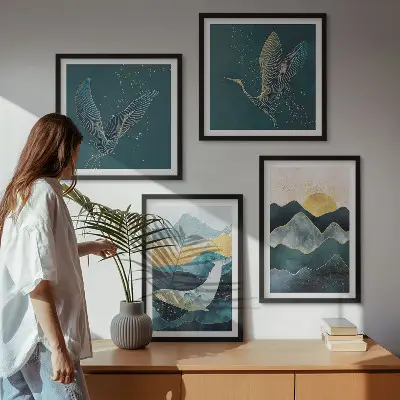 Komplet slika za spavaću sobu apstraktne planine sa ždralovima