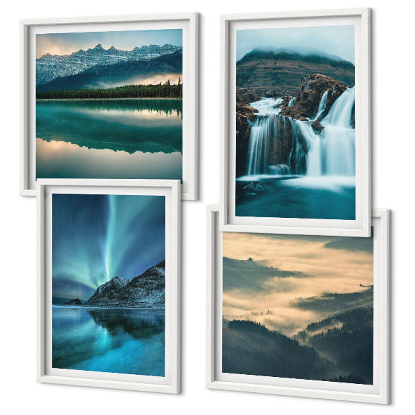 Set 4 slike u okviru Zimski pejzaži slapovi aurora